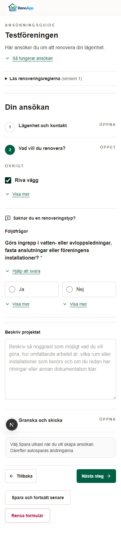 Mobilansökan i RenoApp. Den boende väljer Riva vägg och svarar ja eller nej på en följdfråga om vatteninstallationer.